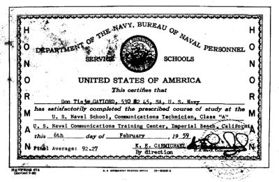 Imperial Beach CT School Class 8-59(O) - February 1959 - Honorman Certificate